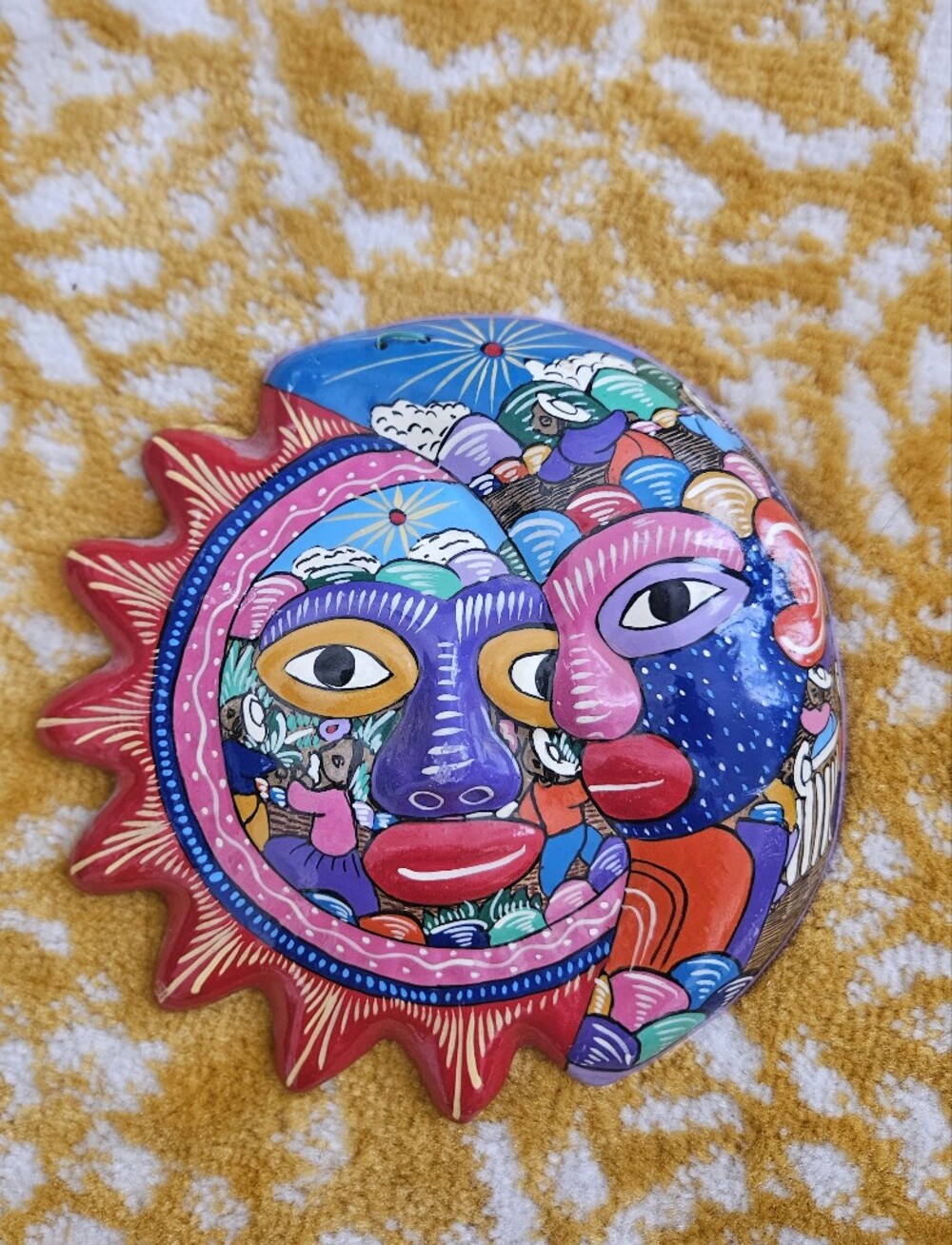 Vintage Hand Painted Mexican Folk Sun Moon Decor